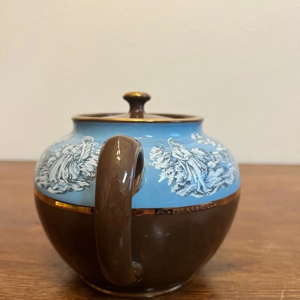 Vintage SadlerBlue & Brown Ceramic Teapot – Gilt Trim, Classical Scene Band